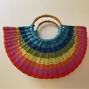 NEW Colorful Woven Plastic Open Crescent Tote Bag Purse Bright Rainbow Stripe